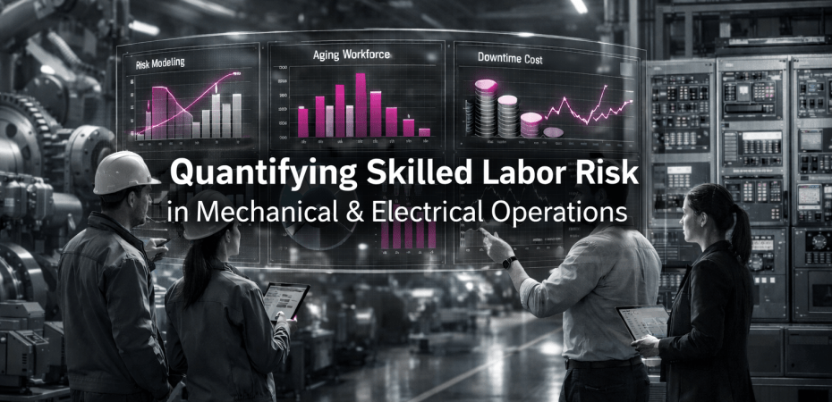 Manufacturing workforce risk dashboard showing mechanical and electrical trade fragility modeling with OEE and downtime analytics